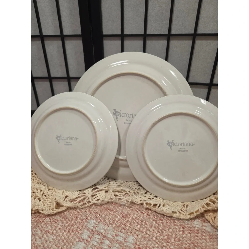 Vintage Victoriana Japan Pink Rosebud Stoneware Plate Set 1988 Cottagecore 3pc